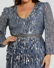 Blue Long Sleeve V-Neck Embellished Gown (Plus)