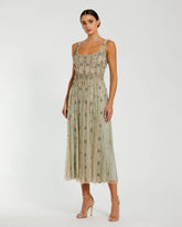 Green Embellished Mesh Sleeveless Scoop Neck Midi Dress