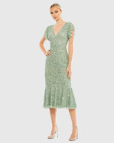 Green Sequined V Neck Flutter Cap Sleeve Trumpet Dress