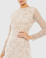 Beige Beaded Tea Length Dress w/ Sheer Sleeves