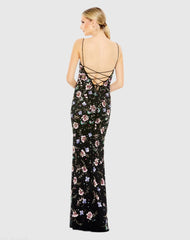 Black Embellished Spaghetti Strap Lace Up Gown