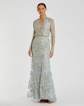 Blue Queen Anne Lace  Long Sleeve  V-Neck Trumpet Gown