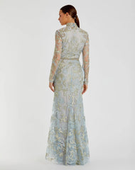 Blue Queen Anne Lace Long Sleeve V-Neck Trumpet Gown