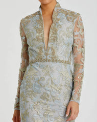 Blue Queen Anne Lace Long Sleeve V-Neck Trumpet Gown