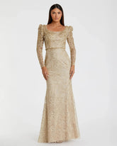 Gold Long Sleeve Embroidered Applique Trumpet Gown