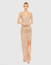 Gold Sequined Halter Strap Low Side Knot Gown