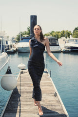 Black Sequined Bow One Shoulder Column Gown