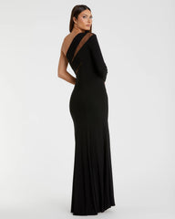 Black Jersey One Shoulder Illusion Cut Out Gown