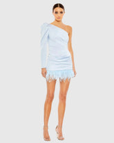 Blue Feather Trim One Shoulder Draped Mini Dress