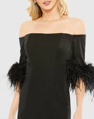 Black Feather Trim Off The Shoulder Column Gown