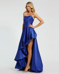 Blue Strapless Ruched High Low Gown