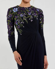 Navy Embellished Long Sleeve Fitted Jersey Gown