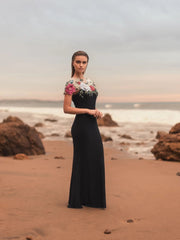 Black Floral Embellished Jersey Column Gown