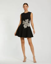 Black Crepe Sleeveless Mini Dress With Rhinestone Flower