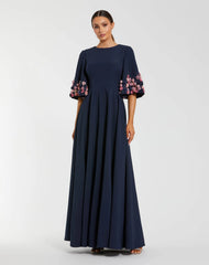 Crepe 3/4 Sleeve A-line Gown With Flower Trim