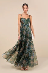 Exclusive Glamour Green Floral Organza Tiered Maxi Dress
