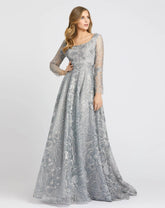 Gray Jewel Encrusted Long Sleeve Square Neck Gown