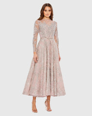 Pink Embellished Bow Belt Illusion Long Sleeve A Line Dress