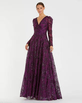 Dark Purple Embellished V Neck Long Sleeve A Line Gown