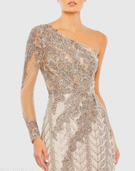 Beige Embellished One Shoulder A Line Gown