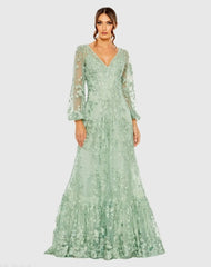Green Puff Sleeve A-Line Embroidered Gown