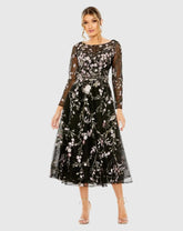 Black High Neck Long Sleeve Embroidered Dress