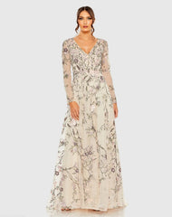 Beige V-Neck Long Sleeve Embroidered A-Line Floral Gown