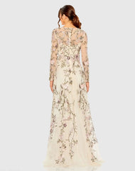 Beige V-Neck Long Sleeve Embroidered A-Line Floral Gown