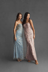 Blue Strapless Embellished Trumpet Gown