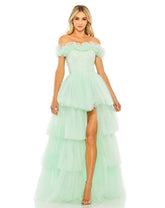 Green Off-the-Shoulder High-Low Tulle Gown