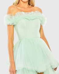 Green Off-the-Shoulder High-Low Tulle Gown