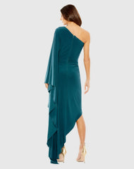 Blue One Shoulder Cape Sleeve Ruched Detail Jersey Dress