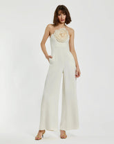 Ivory Halter Neck Crepe Jumpsuit With 3D Flower