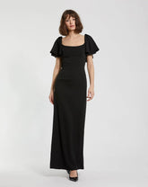 Black Crepe Fitted Long Dress With Short Ruffle Sleeves