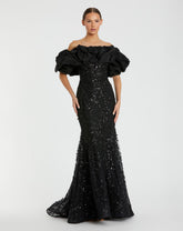 Beaded Mermaid Gown With Off The Shoulder Ruffle