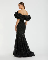 Black Beaded Mermaid Gown With Off The Shoulder Ruffle