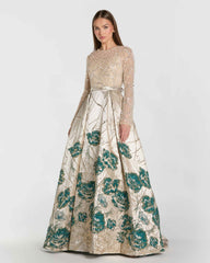 Gold Long Sleeve Embellished Floral Brocade Ball Gown