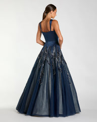 Navy Embellished Satin Ball Gown With Tulle Skirt