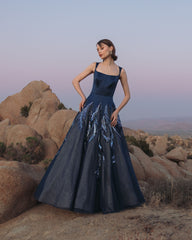 Navy Embellished Satin Ball Gown With Tulle Skirt