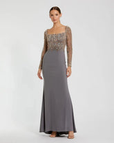 Gray Beaded Square Neck Long Sleeve Jersey Gown