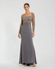 Gray Beaded Square Neck Long Sleeve Jersey Gown