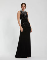 Black High Neck Sleeveless Beaded Jersey Fitted Gown