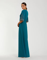 Blue Crepe A Line Gown with Beaded 3/4 Sleeves