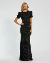 Black Gathered Short Sleeve Embellished Gown