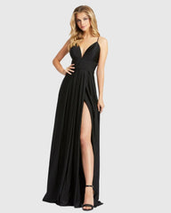 Black Plunge Neck High Slit Gown