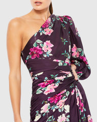 Purple Floral Print One Sleeve Gown