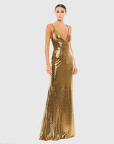 Gold Metallic Faux Wrap Spaghetti Strap Gown