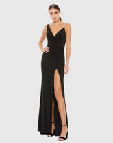 Black Faux Wrap Pearl Strap Gown
