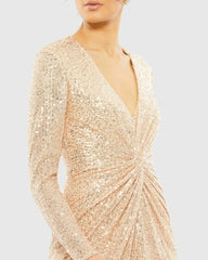 Gold Sequined High Low Front Twist Midi Dress