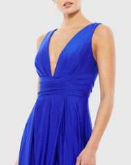 Blue Jersey Plunge Neck Evening Gown